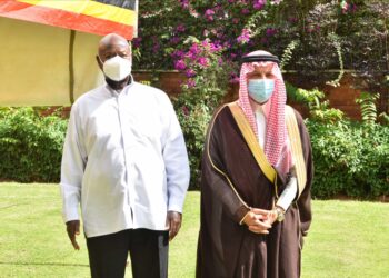 President Yoweri Museveni and H.E. Ahmed Abdul Aziz Kattan, Advisor in the Royal Court Special Envoy of the King of Saudi Arabia pose for a photo after a meeting at State House Nakasero on 23rd May 2022. Photo PPU/ Tony Rujuta.