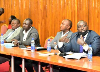 Lawyer Richard Buzibira (R) responding to questions from the committee as his partner, Kyle Lubega (2nd, R) gets lost in thought