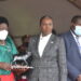 First Deputy Prime Minister and Minister of East African Community Ms Rebecca Kadaga(Left)receives a gift from Ms Angelina Teny ,Minister of National Defence and War Veterans Republic of South Sudan(Centre) and State Minister for Defence Jacob Oboth Oboth during the function at Gaddafi Barracks on Friday.