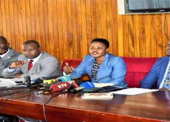 L-R: Honourables Luttamaguzi, Mugabi, Sserubula and Tebandeke at the press conference in the Members' Lounge at Parliament