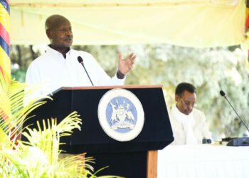 President Yoweri Museveni addressing teachers on Saturday.