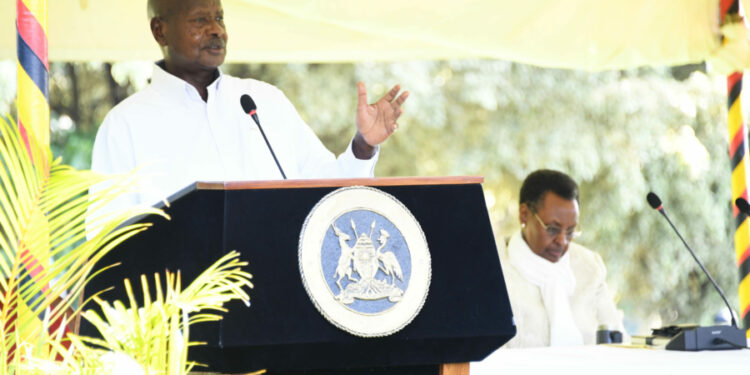 President Yoweri Museveni addressing teachers on Saturday.