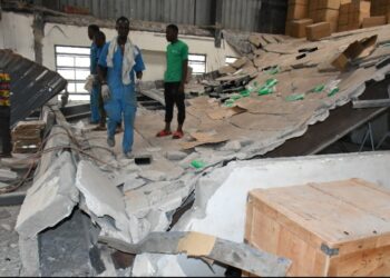 The ceiling board that  collapsed  killing one person and injuring four others on Wednesday.PHOTO BY ANDREW ALIBAKU