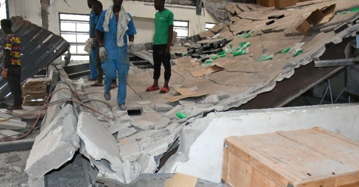 The ceiling board that  collapsed  killing one person and injuring four others on Wednesday.PHOTO BY ANDREW ALIBAKU