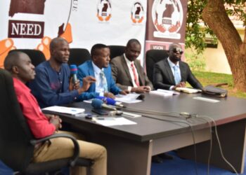 L-R: Moses Matovu (NEED Spokesperson), Asuman Odaka (NEED National Coordinator), Joseph Kabuleta (NEED president), Higenyi Kembe and Charles Basajja (NEED Chief of Staff)