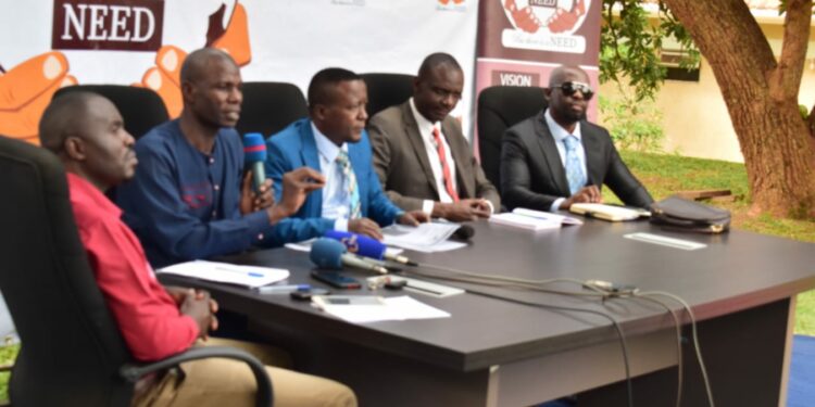L-R: Moses Matovu (NEED Spokesperson), Asuman Odaka (NEED National Coordinator), Joseph Kabuleta (NEED president), Higenyi Kembe and Charles Basajja (NEED Chief of Staff)