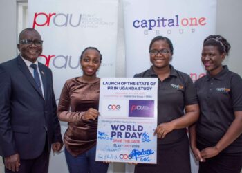 PRAU President Stephen Mwanga followed by PRAU Secretary General Allen Ssempa on the right; and then Charlene Mugalula Capital One Group(COG) PR Manager and Kezia Koburungi-PR Executive at COG on the left.