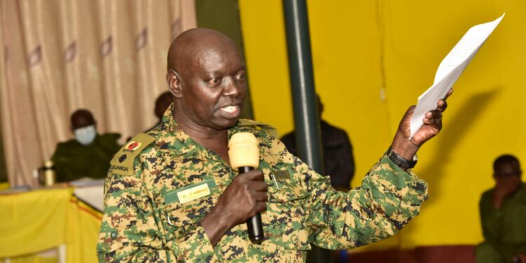 Senior Presidential Advisor - RDC Secretariat Lt Col Ambako Kibrai talking about 
Practical Issues affecting the performance of RDCs/RCCs during the Resident District Commissioners, Resident City Commissioners, Deputy Resident Commissioners and Deputy City Commissioners induction retreat at the National Leadership Institute (NALI) Kyankwanzi on 30th July 2022. Photo by PPU/Tony Rujuta.