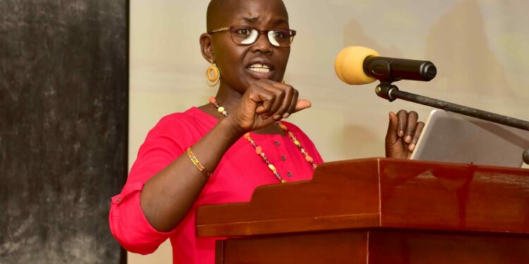 Director Public Prosecutions Hon. Lady Justice, Jane Frances Abodo lecturing on the  operations of the Office of the Director, Public Prosecutions in Enhancing the functions the functions of the District Security Communities  during the Resident District Commissioners, Resident City Commissioners, Deputy Resident Commissioners and Deputy City Commissioners induction retreat at the National Leadership Institute (NALI) Kyankwanzi on 31st July 2022. Photo by PPU/Tony Rujuta.