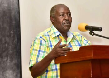 The 1st National Vice Chairman of the National Resistance Movement (NRM) Party Hajji Kigongo Moses talking about the NRM Ideology and cadre-ship during the Resident District Commissioners, Resident City Commissioners, Deputy Resident Commissioners and Deputy City Commissioners induction retreat at the National Leadership Institute (NALI) Kyankwanzi on 29th July 2022. Photo by PPU/Tony Rujuta.