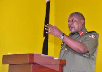 UPDF Chief Political Commissar, Maj. Gen. Henry Matsiko who represented CDF, Gen Wilson Mbadi during the ongoing induction retreat for RDCs, RCCs and their deputies at NALI