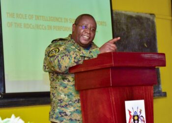 Internal Security Organisation (ISO) Deputy Director General Lt. Col. Emmy Katabazi delivering a lecture on the Role of Intelligence in supporting efforts of the RDCs/RCCs in performance Audits during the Resident District Commissioners, Resident City Commissioners, Deputy Resident Commissioners and Deputy City Commissioners attending the Orientation retreat at the National Leadership Institute (NALI) Kyankwanzi on 27th July 2022. Photo by PPU/Tony Rujuta.