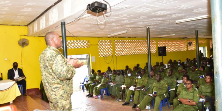Deputy Coordinator of Operation Wealth Creation Maj. Gen. Sam Kavuma lecturing on Analysis of Uganda’s Under development and the role of leaders in developing Uganda to the Resident District Commissioners, Resident City Commissioners, Deputy Resident Commissioners and Deputy City Commissioners during the induction retreat at the National Leadership Institute (NALI) Kyankwanzi on 28th July 2022. Photo by PPU/Tony Rujuta.