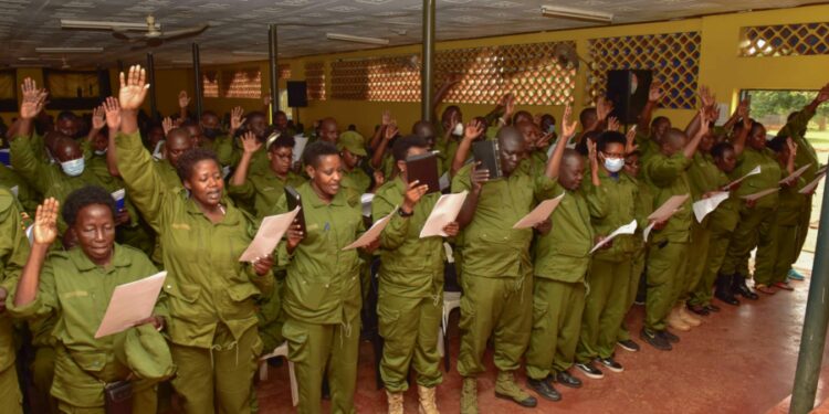 A group of Resident District Commissioners, Resident City Commissioners, Deputy Resident Commissioners and Deputy City Commissioners taking Oath during induction retreat at the National Leadership Institute (NALI) Kyankwanzi on 31st July 2022. Photo by PPU/Tony Rujuta.