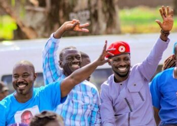 Opposition's Moses Attan, Kizza Besigye and Bobi Wine in Soroti a few days ago