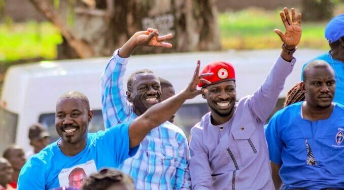 Opposition's Moses Attan, Kizza Besigye and Bobi Wine in Soroti a few days ago