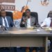 Joseph Kabuleta, NEED president, one of the sugarcane growers and  Charles Basajja, NEED Chief of Staff at the press conference
