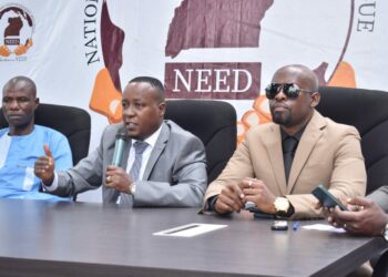 L-R: Asuman Odaka, NEED National Coordinator, Joseph Kabuleta, NEED president and Charles Basajja, NEED Chief of Staff during NEED's weekly press conference on Monday