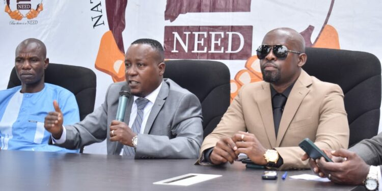 L-R: Asuman Odaka, NEED National Coordinator, Joseph Kabuleta, NEED president and Charles Basajja, NEED Chief of Staff during NEED's weekly press conference on Monday