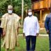 Outgoing Nigeria High Commissioner to Uganda Zanna Umaru (2nd L) poses for a photo with President Museveni at Munyonyo as he bid him farewell after concluding his tour of duty in Uganda. July 28