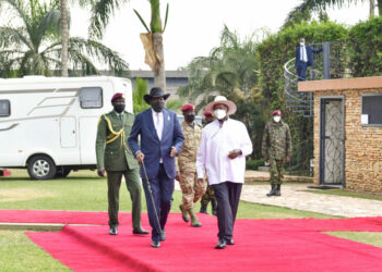 President Museveni and his South Sudan counterpart President Salva Kiir at Munyonyo on Friday July 29. PPU Photo