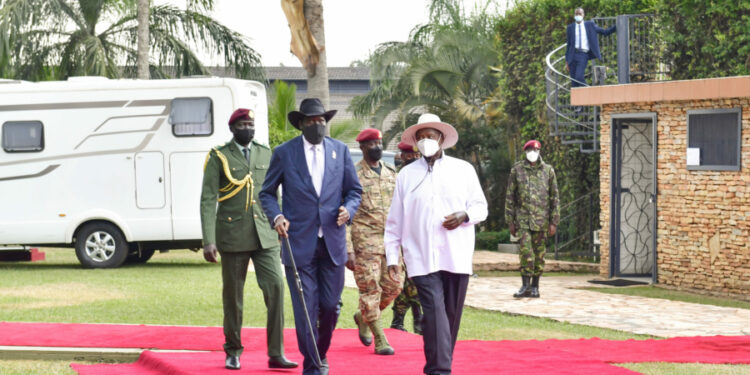 President Museveni and his South Sudan counterpart President Salva Kiir at Munyonyo last year . PPU Photo