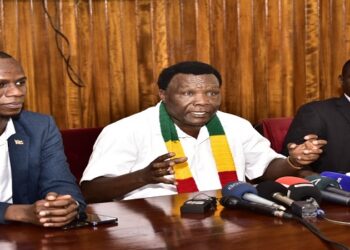 Hon. Musila (C) addresses the media as Hon, Masaba (L) and Hon. Modoi look on