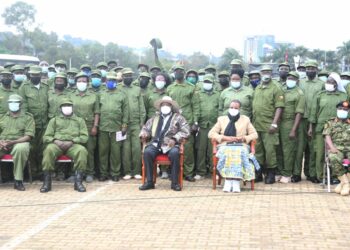 President Museveni, Education Minister Janet Kataha Museveni in a group photo with teachers