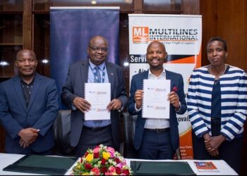 (L-R) IRA Rep. Steven Kaddu, MD Liberty General Insurance Uganda Ltd Peter Makhanu, MD Multilines International Ltd Gerald Mukyenga, URA Ag. Assistant Commissioner Trade Customs Dept- Rep. Brenda Kateu pose for a group photo