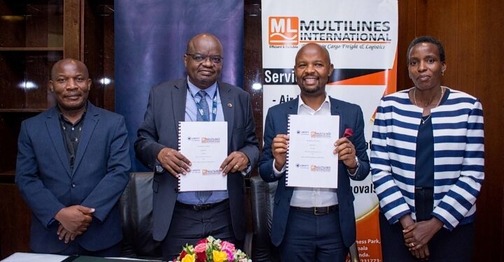 (L-R) IRA Rep. Steven Kaddu, MD Liberty General Insurance Uganda Ltd Peter Makhanu, MD Multilines International Ltd Gerald Mukyenga, URA Ag. Assistant Commissioner Trade Customs Dept- Rep. Brenda Kateu pose for a group photo