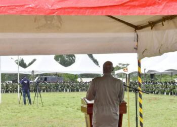 President Museveni giving an opportunity lecture to cadet students at Kabamba Military Academy in Mubende district on Thursday August 18, 2022. PPU Photo