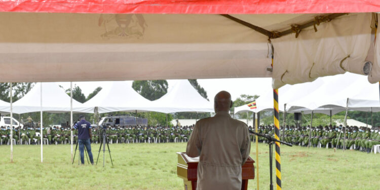 President Museveni giving an opportunity lecture to cadet students at Kabamba Military Academy in Mubende district on Thursday August 18, 2022. PPU Photo