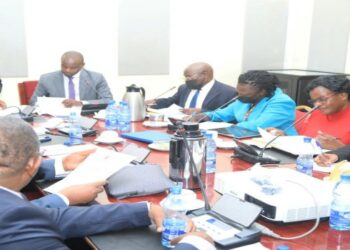 MPs and members of the Uganda Tourism Association scrutinising documents during the committee interaction at Parliament