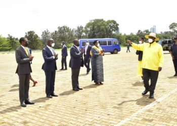 President Yoweri Museveni and the First Lady / Minister of Education and Sports Janet Museveni being welcomed by Vice President Jessica Alupo, National Resistance Movement (NRM) Secretary General Richard Todwong the Government Chief Whip Denis Hamson Obua and the Attorney General of Uganda Kiryowa Kiwanuka for the NRM parliamentary Caucus to discuss about the Elections for the East African Legislative Assembly (EALA) at Kololo Ceremonial Grounds on 16th September 2022. Photo by PPU/ Tony Rujuta.