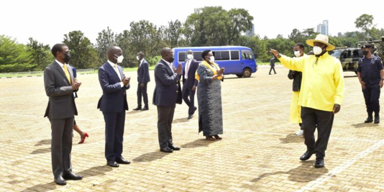 President Yoweri Museveni and the First Lady / Minister of Education and Sports Janet Museveni being welcomed by Vice President Jessica Alupo, National Resistance Movement (NRM) Secretary General Richard Todwong the Government Chief Whip Denis Hamson Obua and the Attorney General of Uganda Kiryowa Kiwanuka for the NRM parliamentary Caucus to discuss about the Elections for the East African Legislative Assembly (EALA) at Kololo Ceremonial Grounds on 16th September 2022. Photo by PPU/ Tony Rujuta.