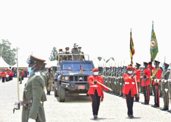 President Yoweri Museveni inspecting the parade during the commissioning of the Officer Cadets intake 04/2022 short and 3-year cadet intake 01/2019-2022(BDSK) at the Uganda Military Academy Kabamba in Mubende District on 2nd September 2022. Photo by PPU/ Tony Rujuta.