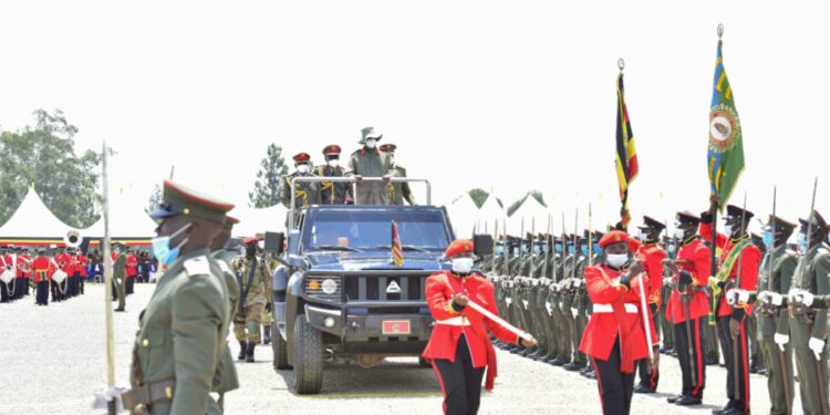 President Yoweri Museveni inspecting the parade during the commissioning of the Officer Cadets intake 04/2022 short and 3-year cadet intake 01/2019-2022(BDSK) at the Uganda Military Academy Kabamba in Mubende District on 2nd September 2022. Photo by PPU/ Tony Rujuta.
