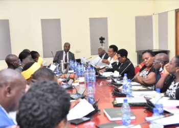 Ministers Tom Butime ( extreme far right with grey hair) and Peace Mutuuzo (in white) perusing through documents at the meeting with the committee