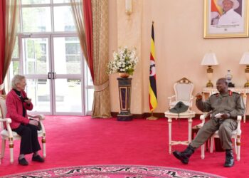 President Museveni meeting former President of Ireland Mary Robinson at State House Entebbe on Wednesday. PPU Photo