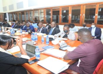 The Uganda Airlines Top Management Team led by the CEO seated to the right of Hon. Ssenyonyi (R) responding to queries