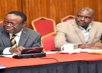 Prof. Waswa Balunywa (L) and a colleague appearing before the Public Accounts Committee