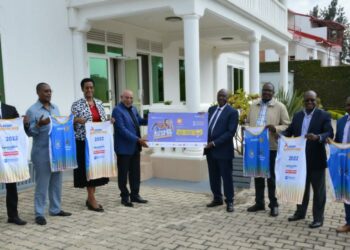 Hon. Gen. Jeje Abubakar ODONGO, Minister of Foreign Affairs of the Republic of Uganda (4th Left) H.E. Rtd. Gen. Robert Rusoke, Uganda's High Commissioner to the Republic of Rwanda (4th Right) Hon. Vincent Bagiire Waiswa Permanent Secretary, (3rd Right) Amb. Arthur Kafeero, Ag. Regional and International Political Affairs (2nd Right), Amb. Anne Katusiime Deputy Head of Mission - Kigali (3rd Left), Robert Tugume Accounting Officer (L) Baluku Ronald 3rd Secretary (R)