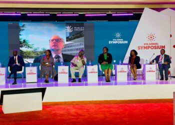 From left to right: Morrison Rwakakamba (Chairman Uganda Investment Authority), Antony Taubman on the screen (Director of Intellectual Property, WTO) , Mercy Kainobwisho (ED, URSB), Prof. Sandy Stevens Tickodri-Togboa (Chairperson, Kiira Motors Corporation), Dorothy Kisaka, (ED, KCCA) Eng.  Dorothy Okello (Dean school of Engineering, Makerere University) and Prof.  Ezra Suruma (Chancellor, Makerere University) during the 5th annual KTA Symposium at Speke Resort Munyonyo.