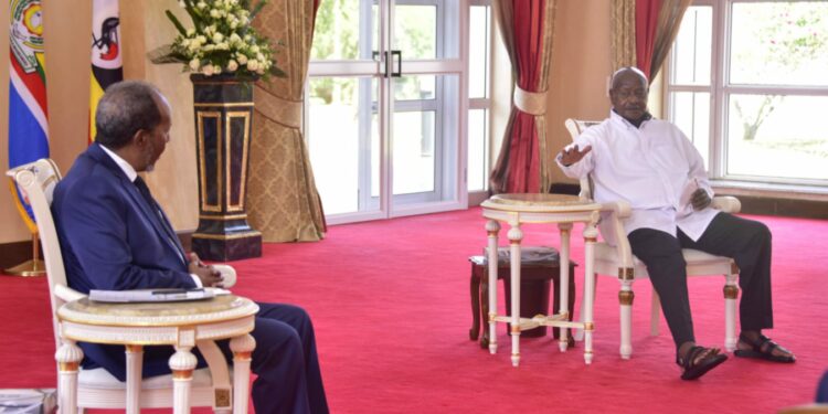 President Museveni with his Somali counterpart Hassan Sheikh Mohamud in a meeting