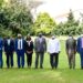 President Museveni poses for a photo with President of African Export  Import Bank Prof. Benedict Oramah (on his R) and his delegation at Entebbe on Monday. (3rd R) is Finance Minister Matia Kasaija