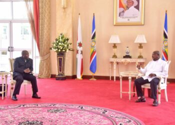 President Yoweri Museveni with his Burundi counterpart Evariste Ndayishimye during a meeting