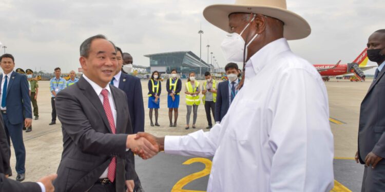 President Yoweri Museveni being welcomed by the Chairman of Presidential Office Le Khanh Hai for his official visit to Vietnam at Noi Bai International Airport Vietnam in on the 23rd November 2022. Photo by PPU/ Tony Rujuta.