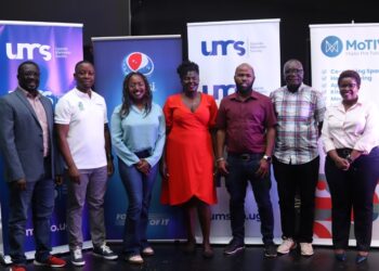 (L-R) Rogers Anguzu Head of Marketing - Vision Group, David Balikuddembe - President UMS, Caroline Ampaire - Digital & Media Manager at UBL, Pamela Abonyo -  Board Chairperson UMS, Frank Muthusi - Chairperson UAA, Stephen Mwanga  - President PRAU, Doreen Nyiramugisha - General Secretary UMS)