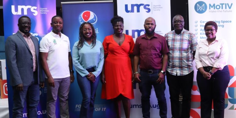 (L-R) Rogers Anguzu Head of Marketing - Vision Group, David Balikuddembe - President UMS, Caroline Ampaire - Digital & Media Manager at UBL, Pamela Abonyo -  Board Chairperson UMS, Frank Muthusi - Chairperson UAA, Stephen Mwanga  - President PRAU, Doreen Nyiramugisha - General Secretary UMS)