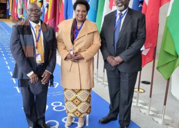 Minister Amongi Betty (center), State Minister for Labour Col. Charles Engola Macodwogo at the ILO meeting in Geneva, Switzerland